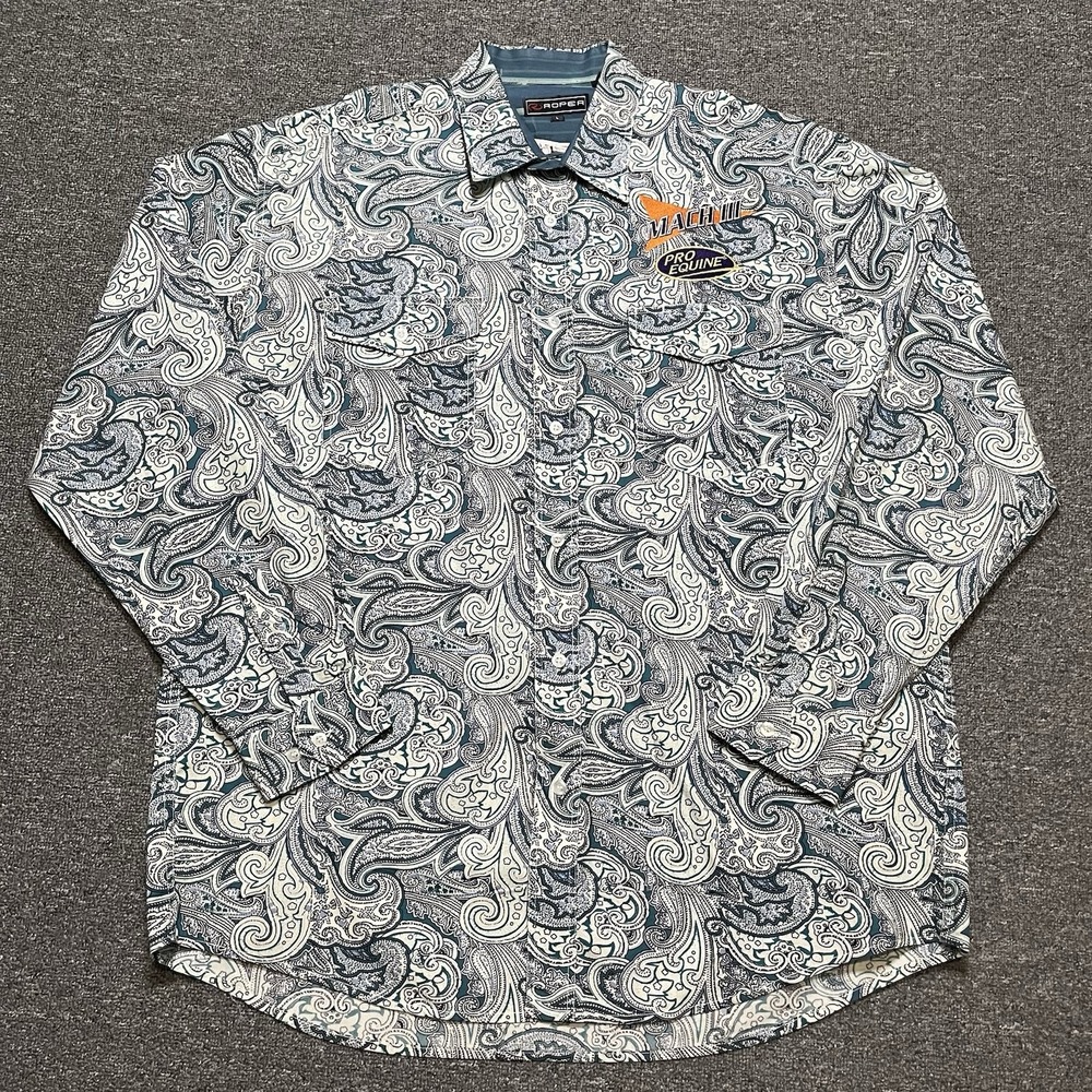 Roper Mach III Pro Equine Paisley Western Shirt Blue Teal White Cotton L
